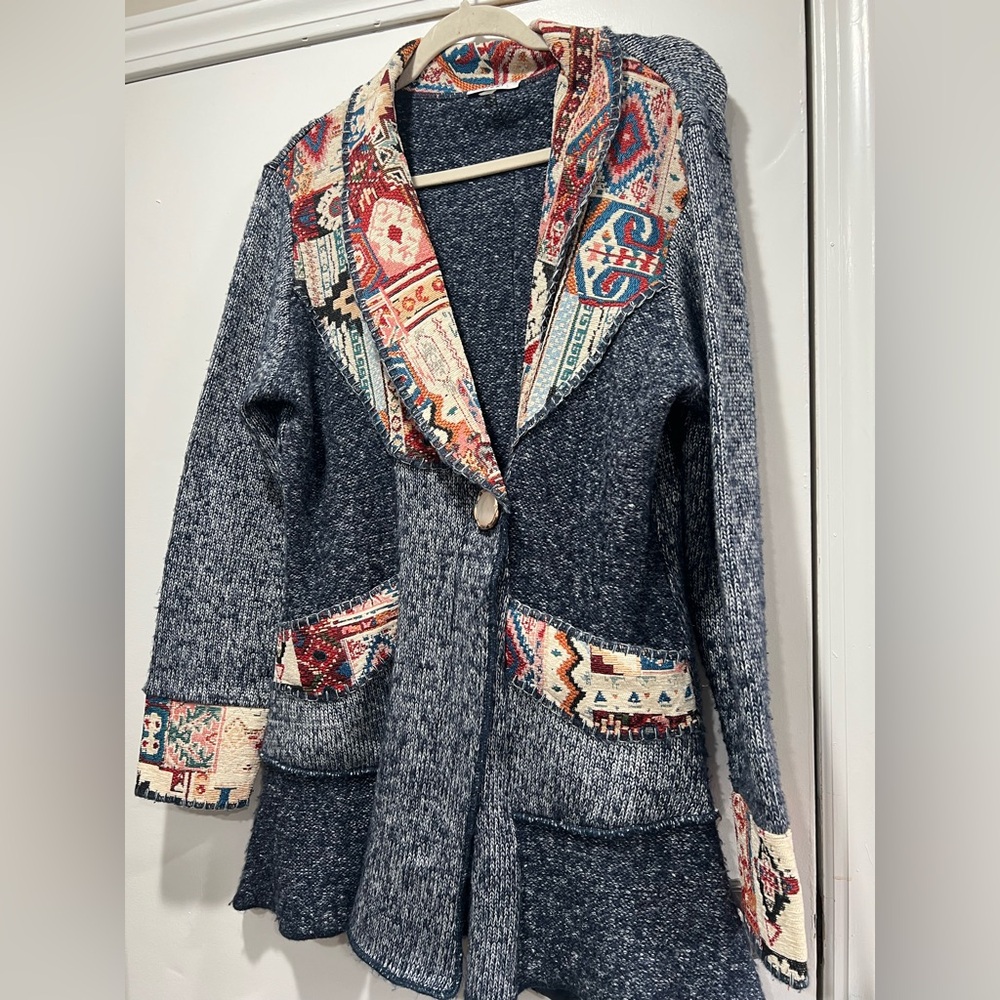 Boho Sioni Multicolor Knit Cardigan with tapestry details